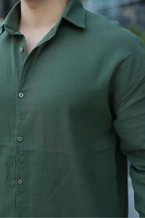 Erkek Oversize Gömlek Yaka Uzun Kollu Keten Gömlek