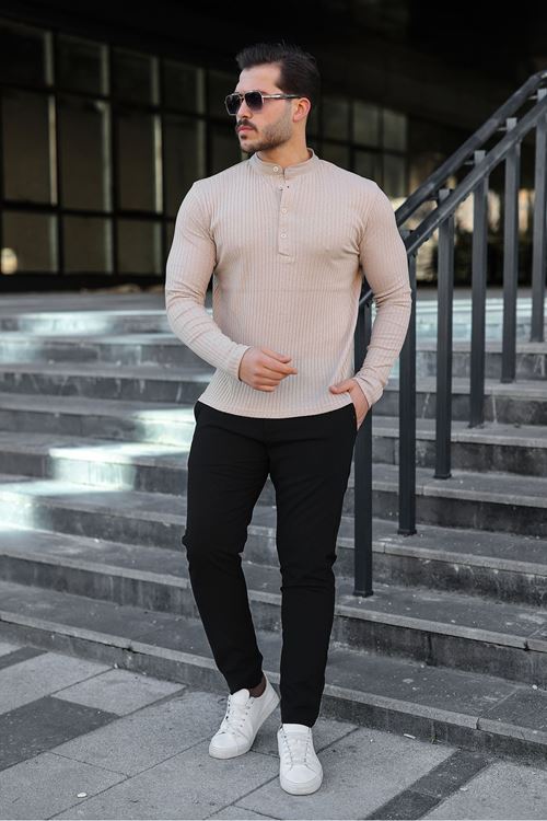 Erkek Fitilli Kumaş Hakim Yaka Düğmeli Sweat