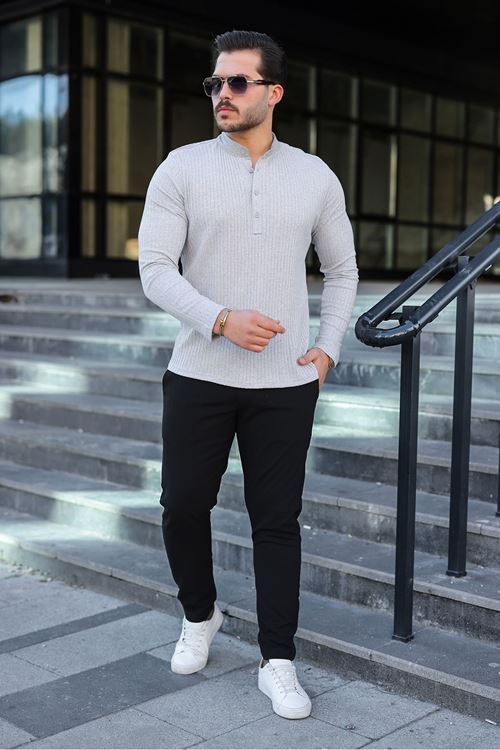 Erkek Fitilli Kumaş Hakim Yaka Düğmeli Sweat