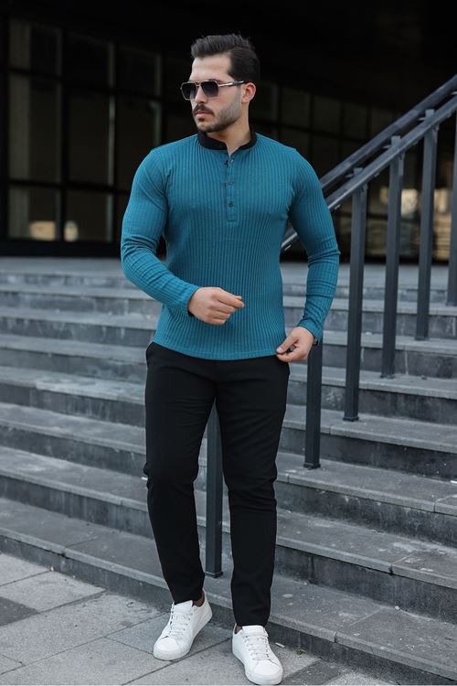 Erkek Fitilli Kumaş Hakim Yaka Düğmeli Sweat