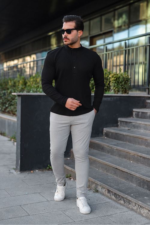 Erkek Fitilli Kumaş Hakim Yaka Düğmeli Sweat