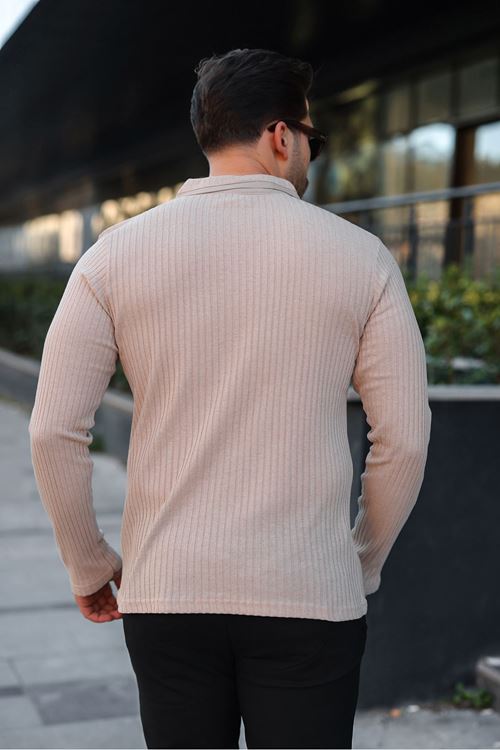 Erkek Fitilli Kumaş Polo Yaka Yarım Fermuarlı Kazak