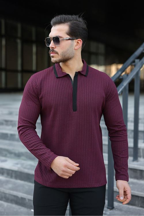 Erkek Fitilli Kumaş Polo Yaka Yarım Fermuarlı Kazak