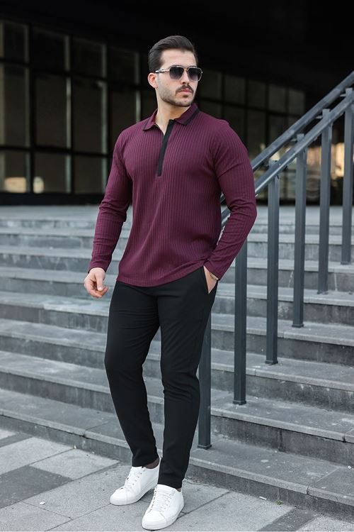 Erkek Fitilli Kumaş Polo Yaka Yarım Fermuarlı Sweat