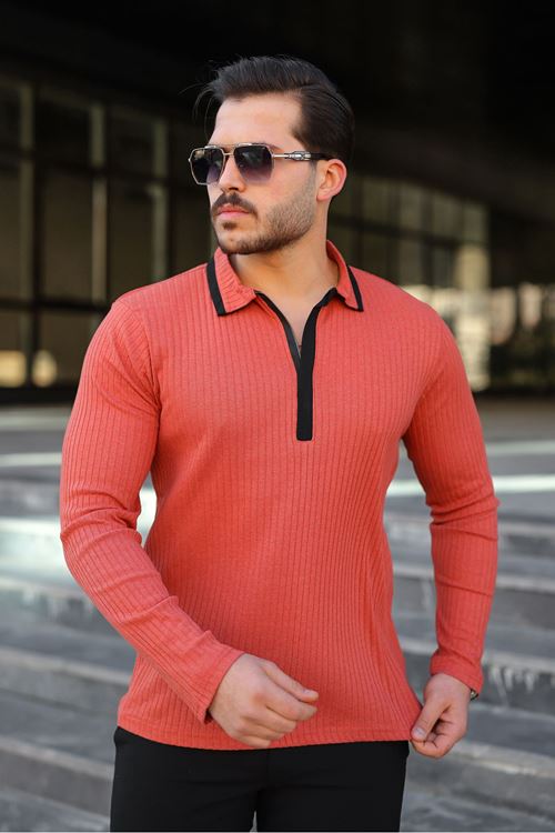 Erkek Fitilli Kumaş Polo Yaka Yarım Fermuarlı Sweat