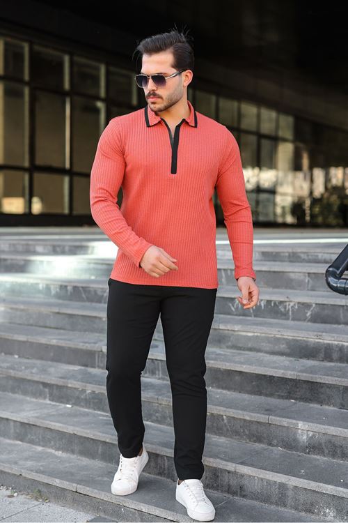 Erkek Fitilli Kumaş Polo Yaka Yarım Fermuarlı Sweat