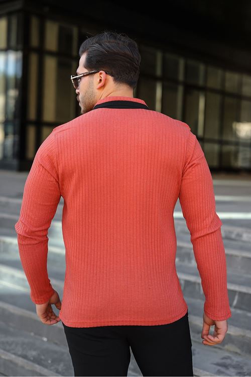 Erkek Fitilli Kumaş Polo Yaka Yarım Fermuarlı Kazak