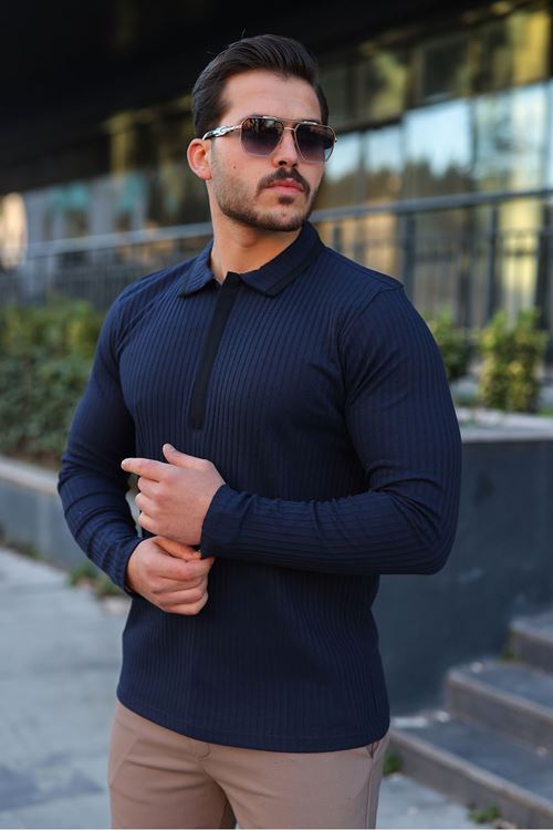 Erkek Fitilli Kumaş Polo Yaka Yarım Fermuarlı Sweat