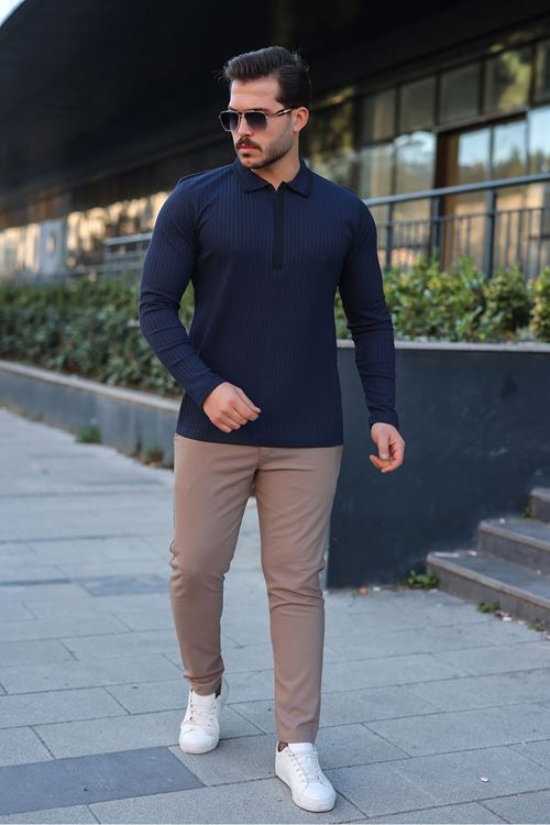 Erkek Fitilli Kumaş Polo Yaka Yarım Fermuarlı Kazak