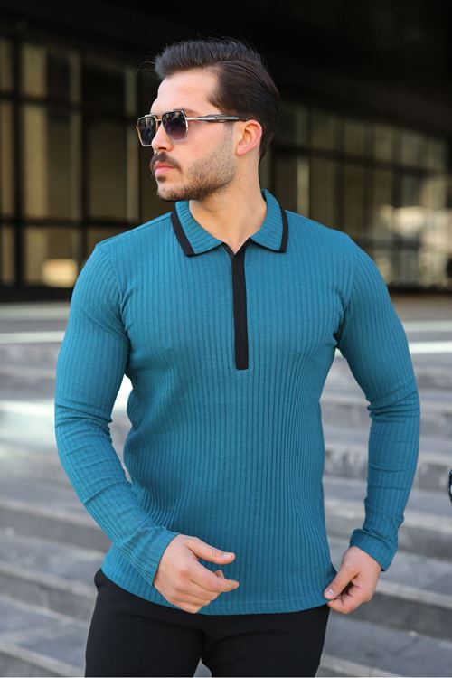 Erkek Fitilli Kumaş Polo Yaka Yarım Fermuarlı Sweat