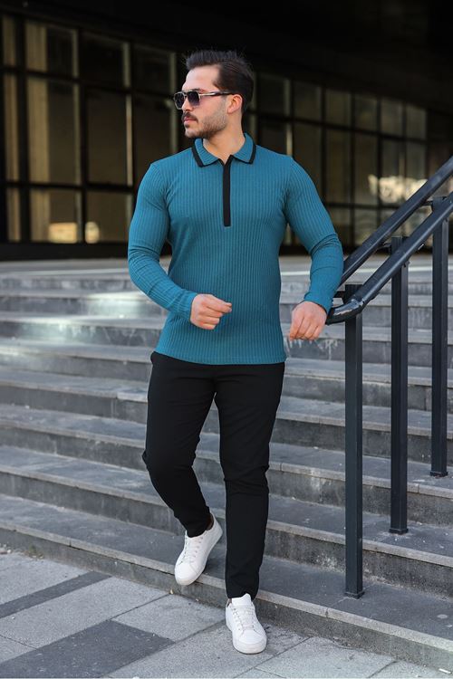 Erkek Fitilli Kumaş Polo Yaka Yarım Fermuarlı Sweat