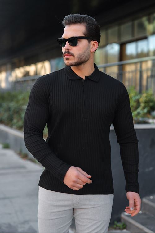 Erkek Fitilli Kumaş Polo Yaka Yarım Fermuarlı Sweat