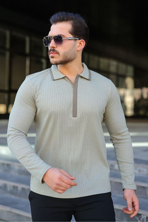 Erkek Fitilli Kumaş Polo Yaka Yarım Fermuarlı Sweat