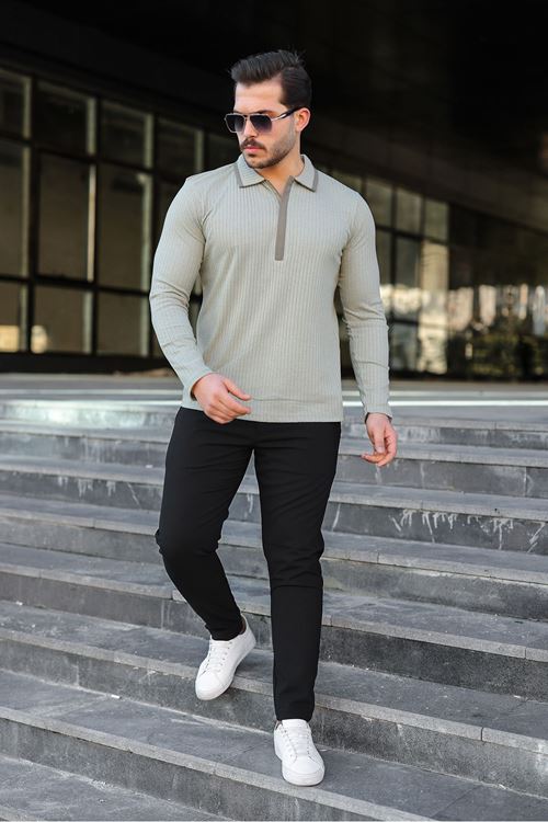 Erkek Fitilli Kumaş Polo Yaka Yarım Fermuarlı Sweat