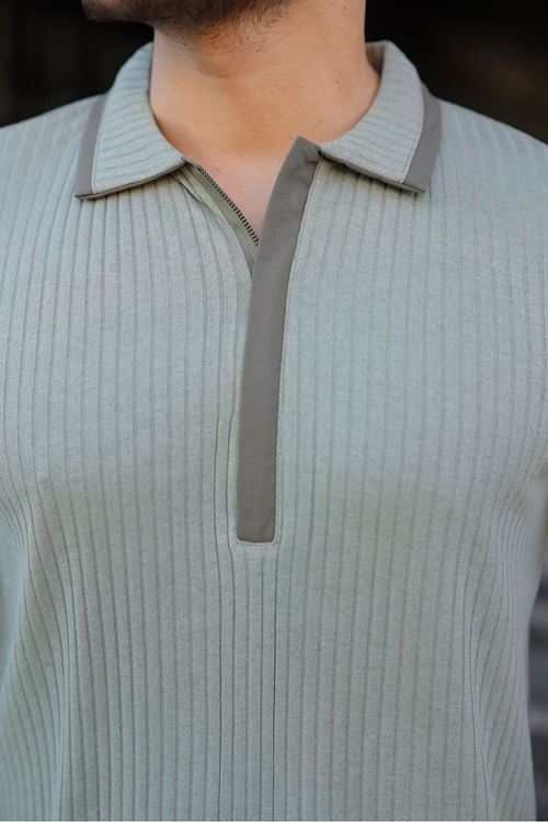 Erkek Fitilli Kumaş Polo Yaka Yarım Fermuarlı Kazak