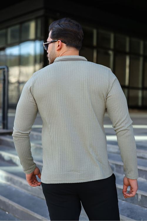 Erkek Fitilli Kumaş Polo Yaka Yarım Fermuarlı Sweat