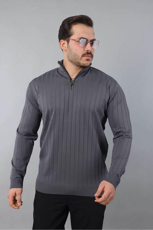 Erkek Dik Yaka Uzun Kol Yarım Fermuar Kendinden Desenli Triko