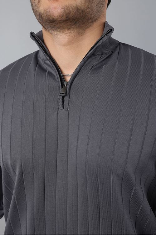 Erkek Dik Yaka Uzun Kol Yarım Fermuar Kendinden Desenli Triko