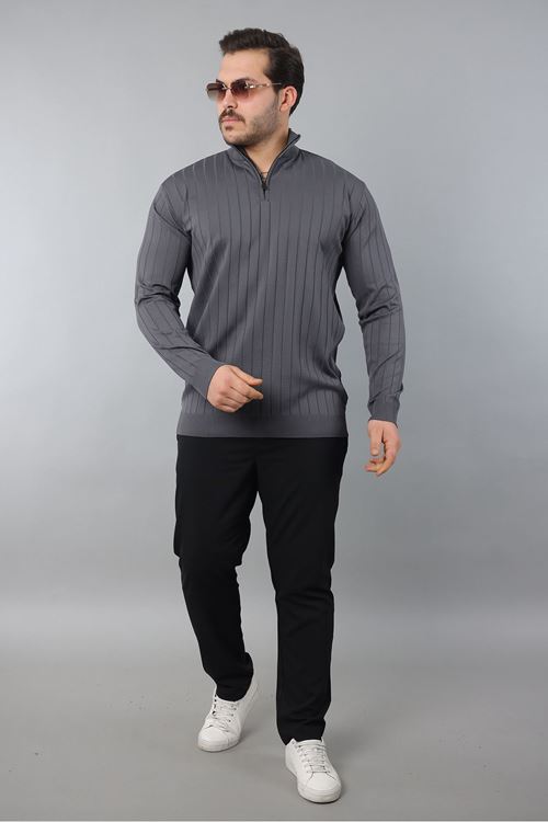 Erkek Dik Yaka Uzun Kol Yarım Fermuar Kendinden Desenli Triko