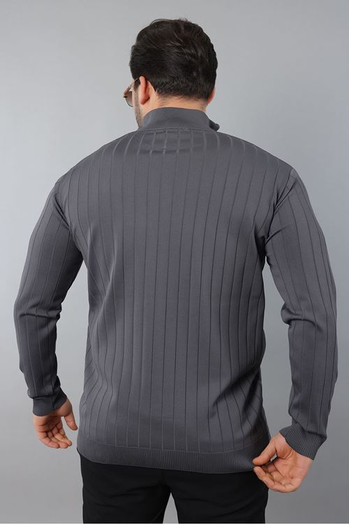 Erkek Dik Yaka Uzun Kol Yarım Fermuar Kendinden Desenli Triko