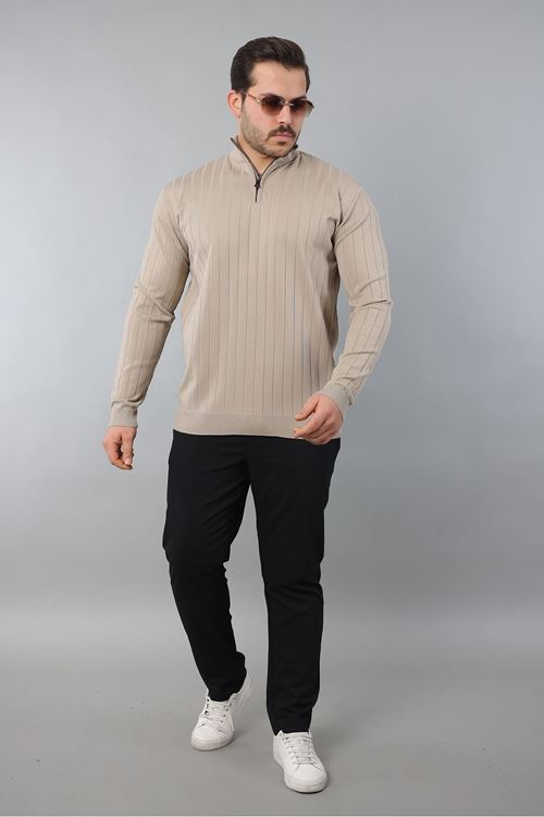 Erkek Dik Yaka Uzun Kol Yarım Fermuar Kendinden Desenli Triko