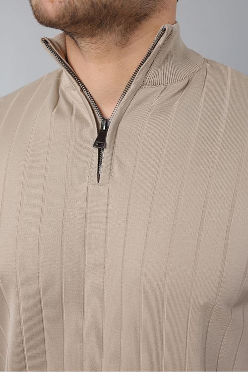 Erkek Dik Yaka Uzun Kol Yarım Fermuar Kendinden Desenli Triko