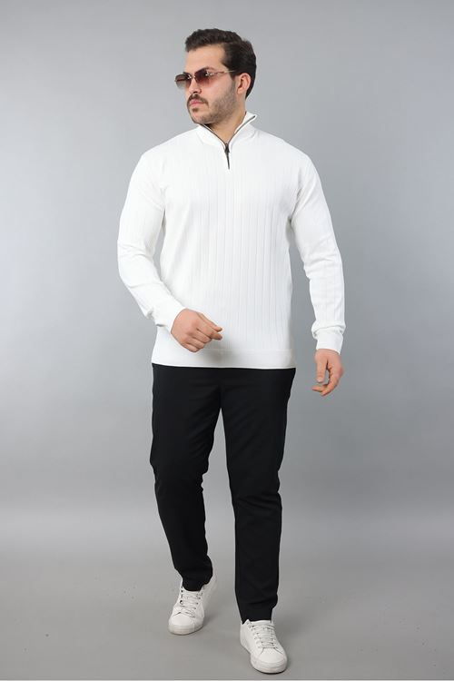 Erkek Dik Yaka Uzun Kol Yarım Fermuar Kendinden Desenli Triko