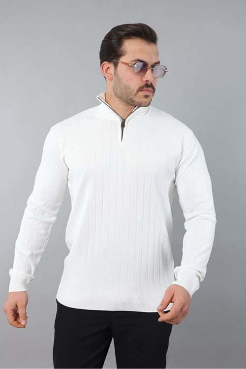 Erkek Dik Yaka Uzun Kol Yarım Fermuar Kendinden Desenli Triko