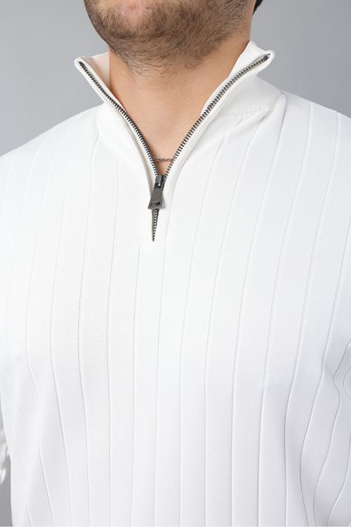 Erkek Dik Yaka Uzun Kol Yarım Fermuar Kendinden Desenli Triko