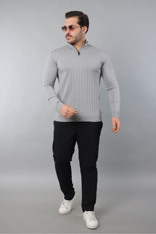 Erkek Dik Yaka Uzun Kol Yarım Fermuar Kendinden Desenli Triko