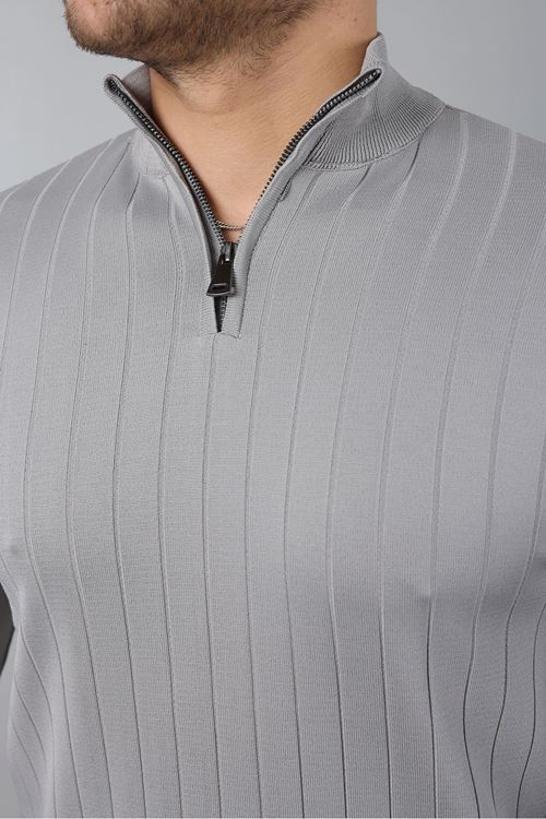 Erkek Dik Yaka Uzun Kol Yarım Fermuar Kendinden Desenli Triko