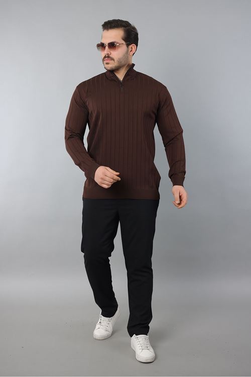 Erkek Dik Yaka Uzun Kol Yarım Fermuar Kendinden Desenli Triko