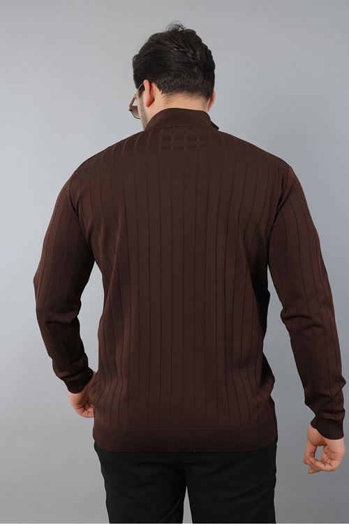 Erkek Dik Yaka Uzun Kol Yarım Fermuar Kendinden Desenli Triko