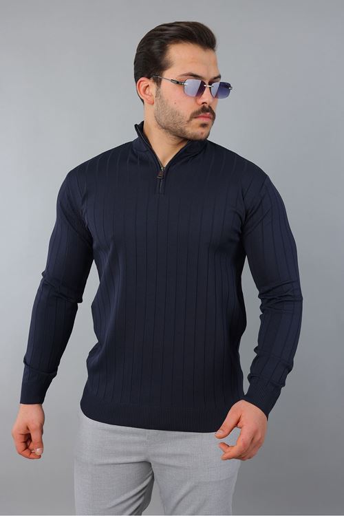Erkek Dik Yaka Uzun Kol Yarım Fermuar Kendinden Desenli Triko