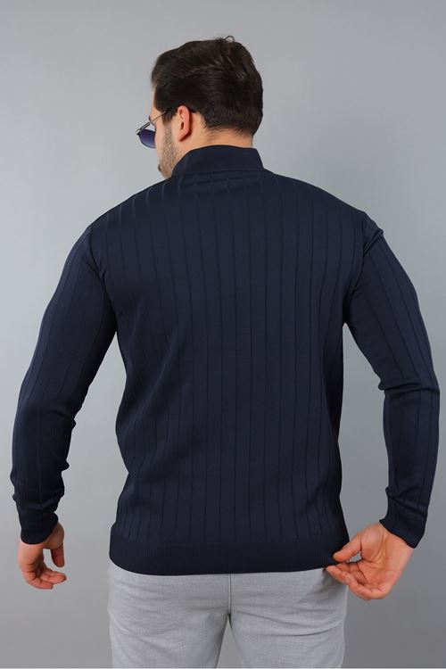 Erkek Dik Yaka Uzun Kol Yarım Fermuar Kendinden Desenli Triko