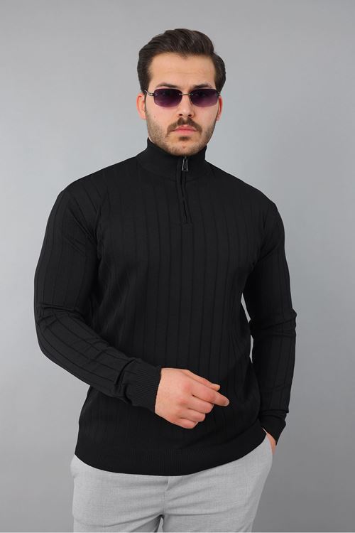 Erkek Dik Yaka Uzun Kol Yarım Fermuar Kendinden Desenli Triko