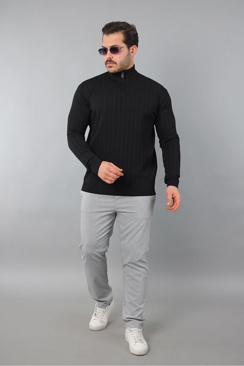 Erkek Dik Yaka Uzun Kol Yarım Fermuar Kendinden Desenli Triko