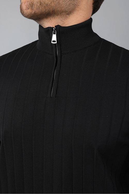 Erkek Dik Yaka Uzun Kol Yarım Fermuar Kendinden Desenli Triko