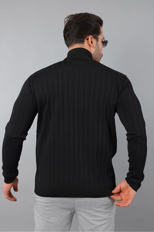 Erkek Dik Yaka Uzun Kol Yarım Fermuar Kendinden Desenli Triko