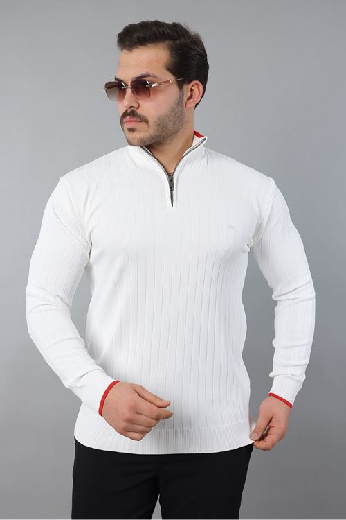 Erkek Uzun Kol Dik Yaka Biyeli Yarım Fermuar Kendinden Desenli Triko