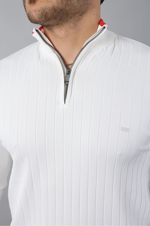 Erkek Uzun Kol Dik Yaka Biyeli Yarım Fermuar Kendinden Desenli Triko