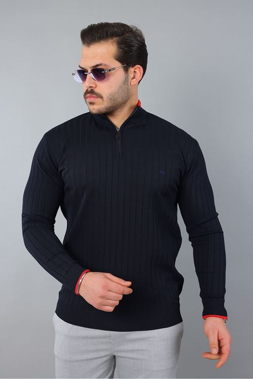 Erkek Uzun Kol Dik Yaka Biyeli Yarım Fermuar Kendinden Desenli Triko