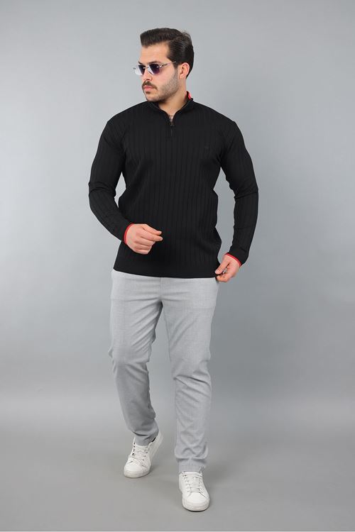 Erkek Uzun Kol Dik Yaka Biyeli Yarım Fermuar Kendinden Desenli Triko