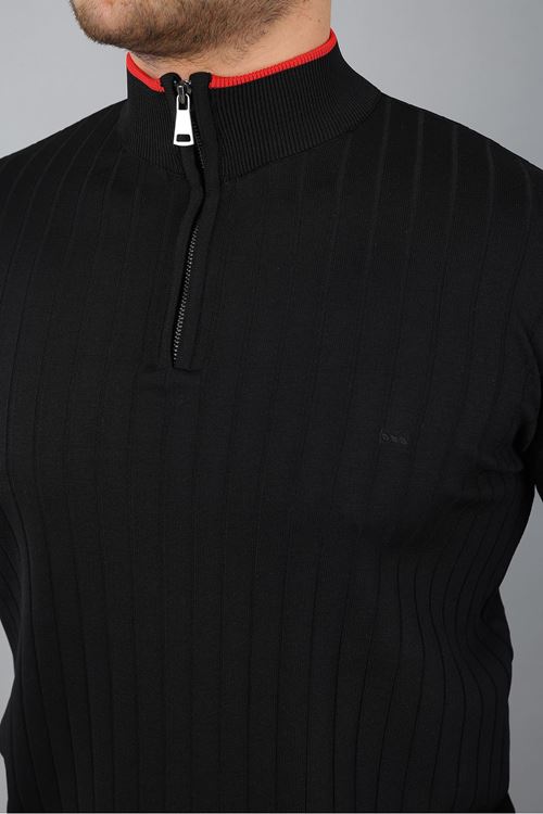 Erkek Uzun Kol Dik Yaka Biyeli Yarım Fermuar Kendinden Desenli Triko