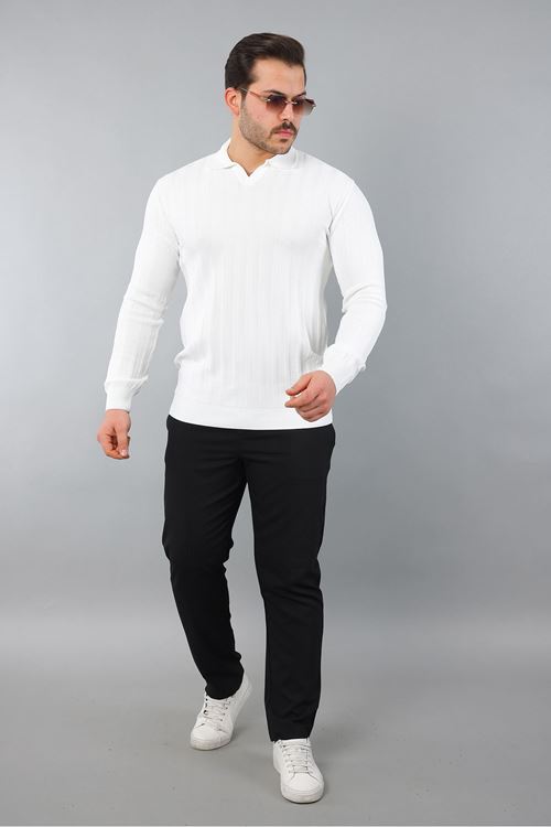 Erkek Apaş Yaka Çizgili Triko