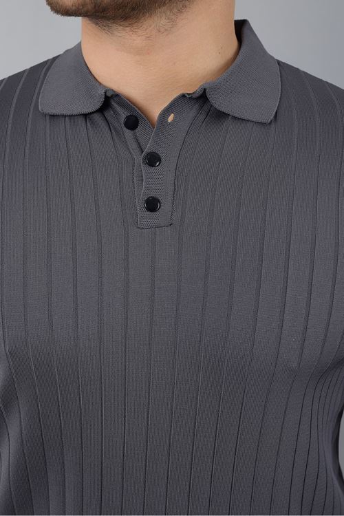 Erkek Uzun Kol Polo Yaka Düğmeli Çizgili Triko