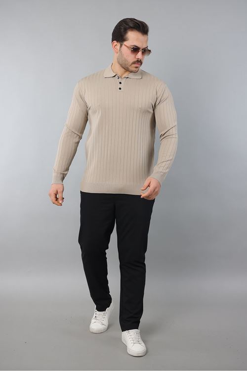Erkek Uzun Kol Polo Yaka Düğmeli Çizgili Triko
