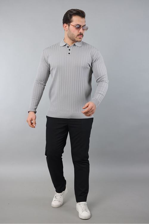 Erkek Uzun Kol Polo Yaka Düğmeli Çizgili Triko