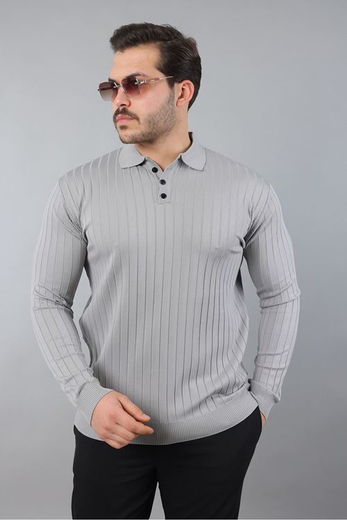 Erkek Uzun Kol Polo Yaka Düğmeli Çizgili Triko