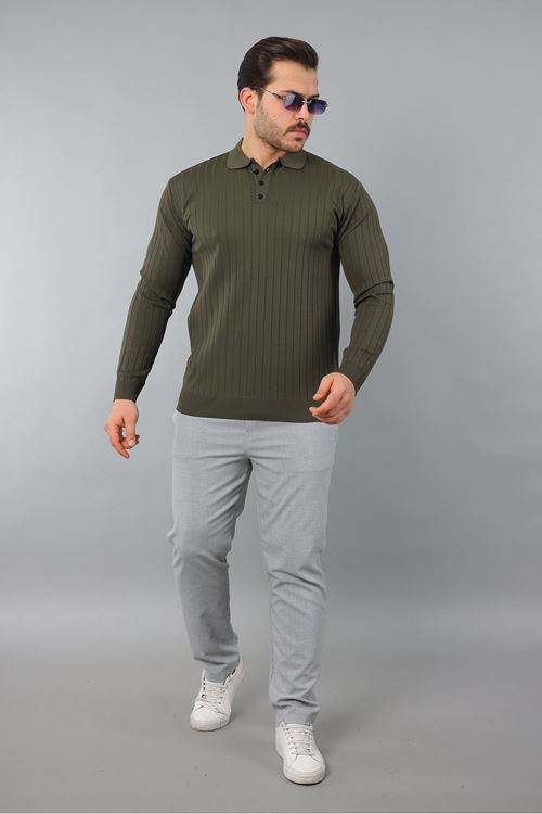 Erkek Uzun Kol Polo Yaka Düğmeli Çizgili Triko